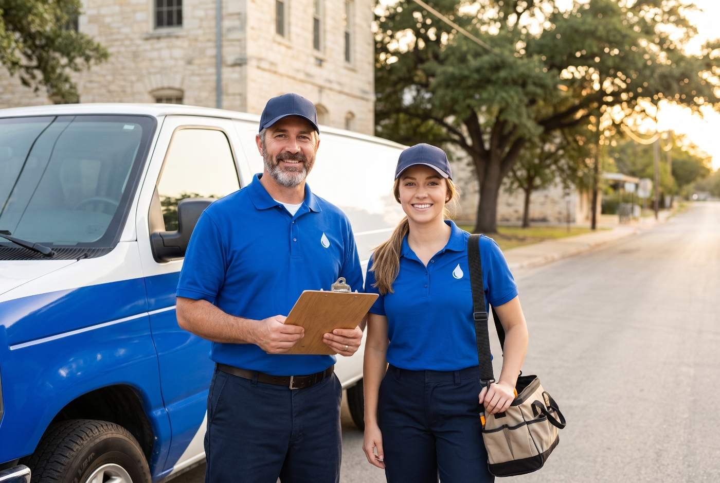 Cody and Jess from Roo Blue Plumbing in front of their van on the Weatherford square