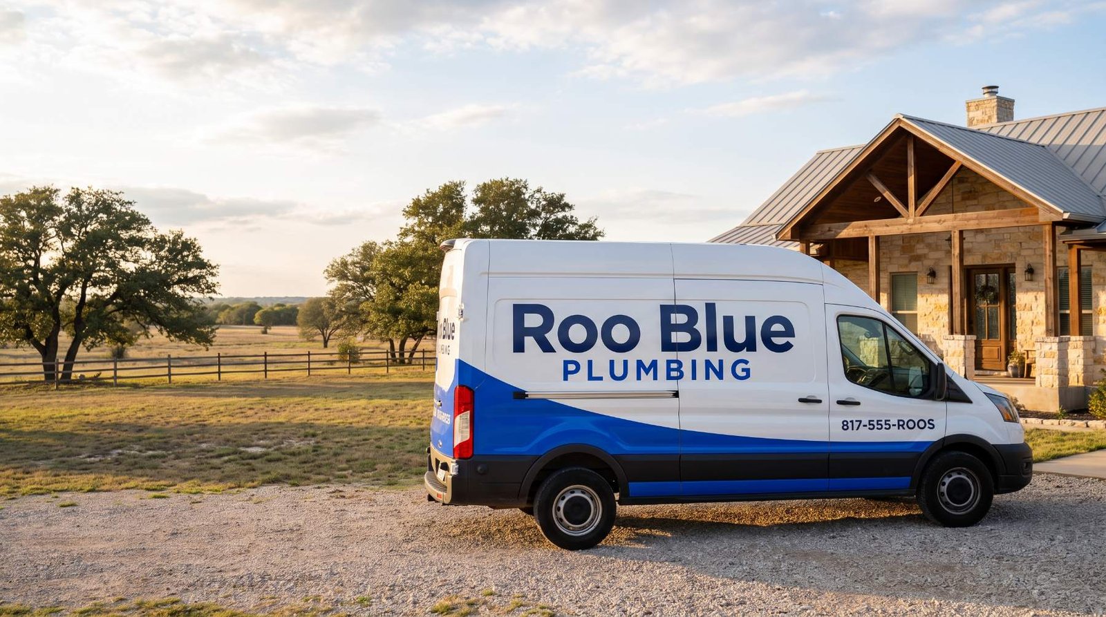 Roo Blue Plumbing van parked at a limestone ranch home outside Weatherford