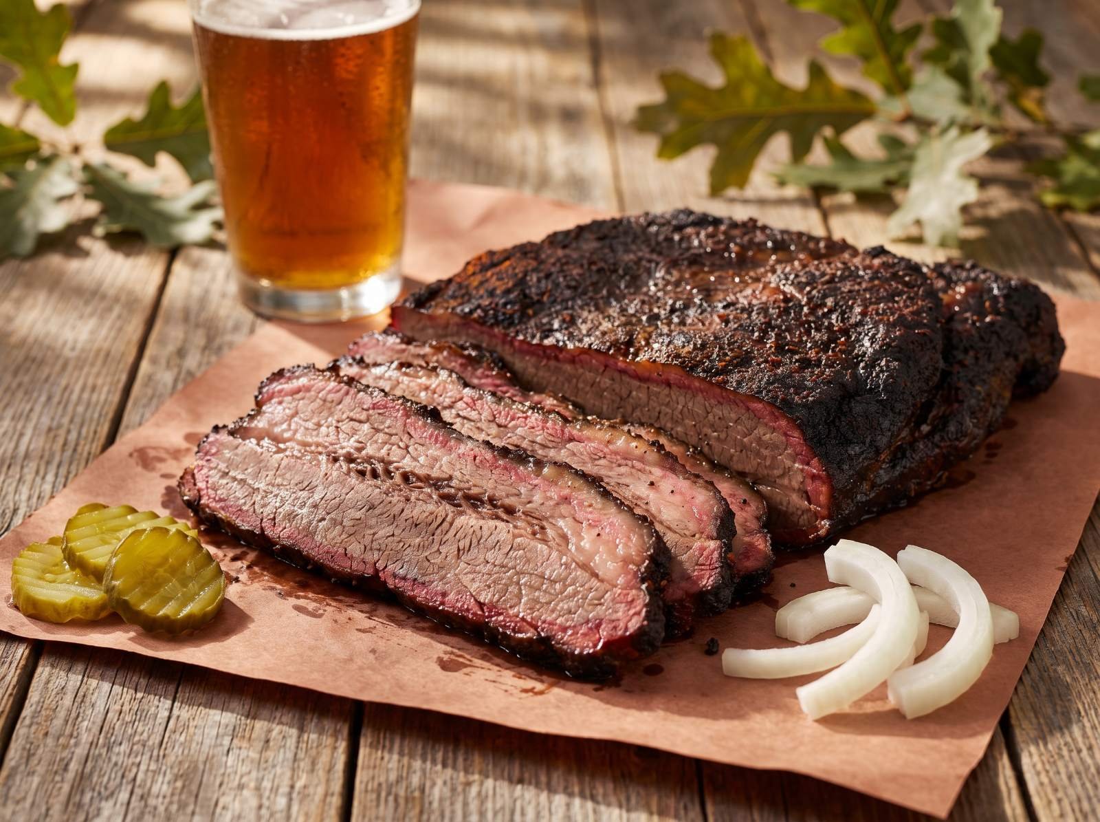 Sliced brisket with a peppery bark on butcher paper