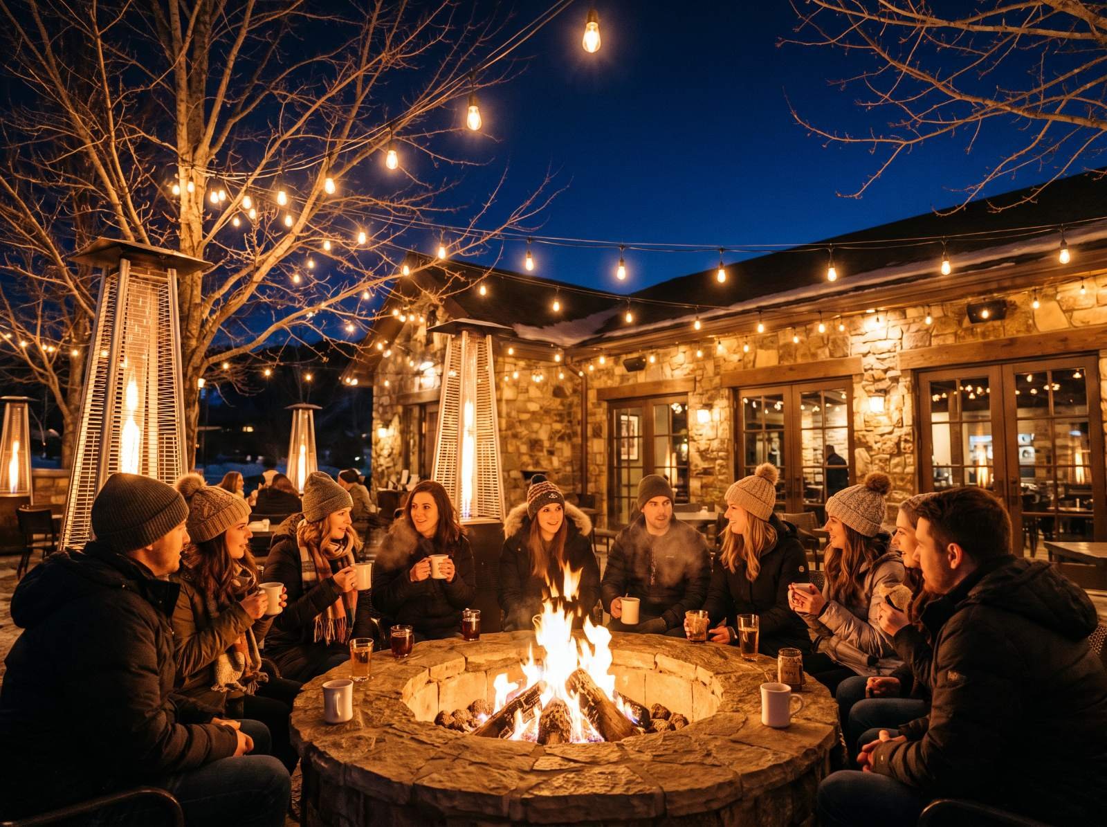 Friends around a glowing fire pit on a winter night under string lights