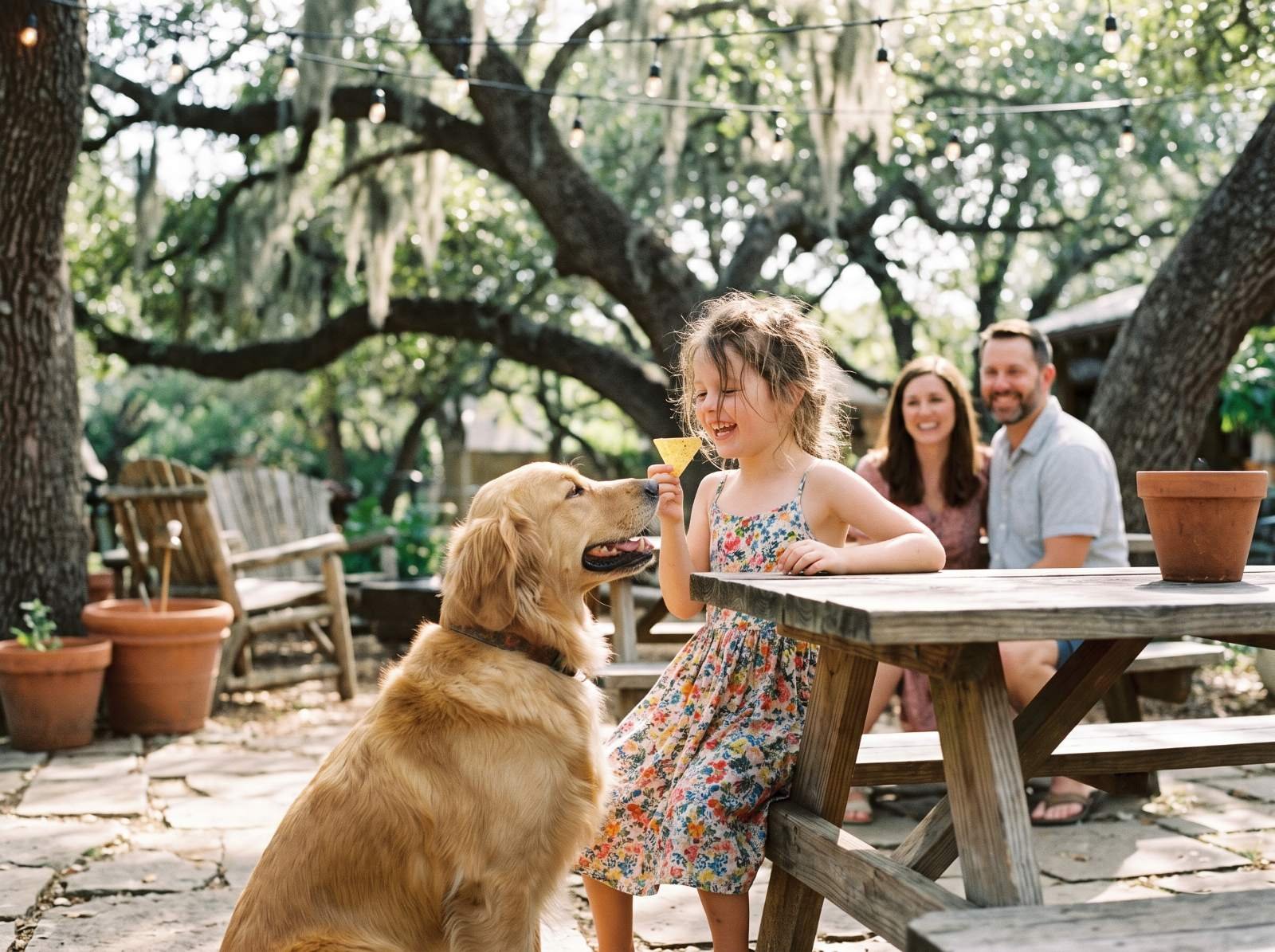 A little girl sharing a chip with a golden retriever at a picnic table
