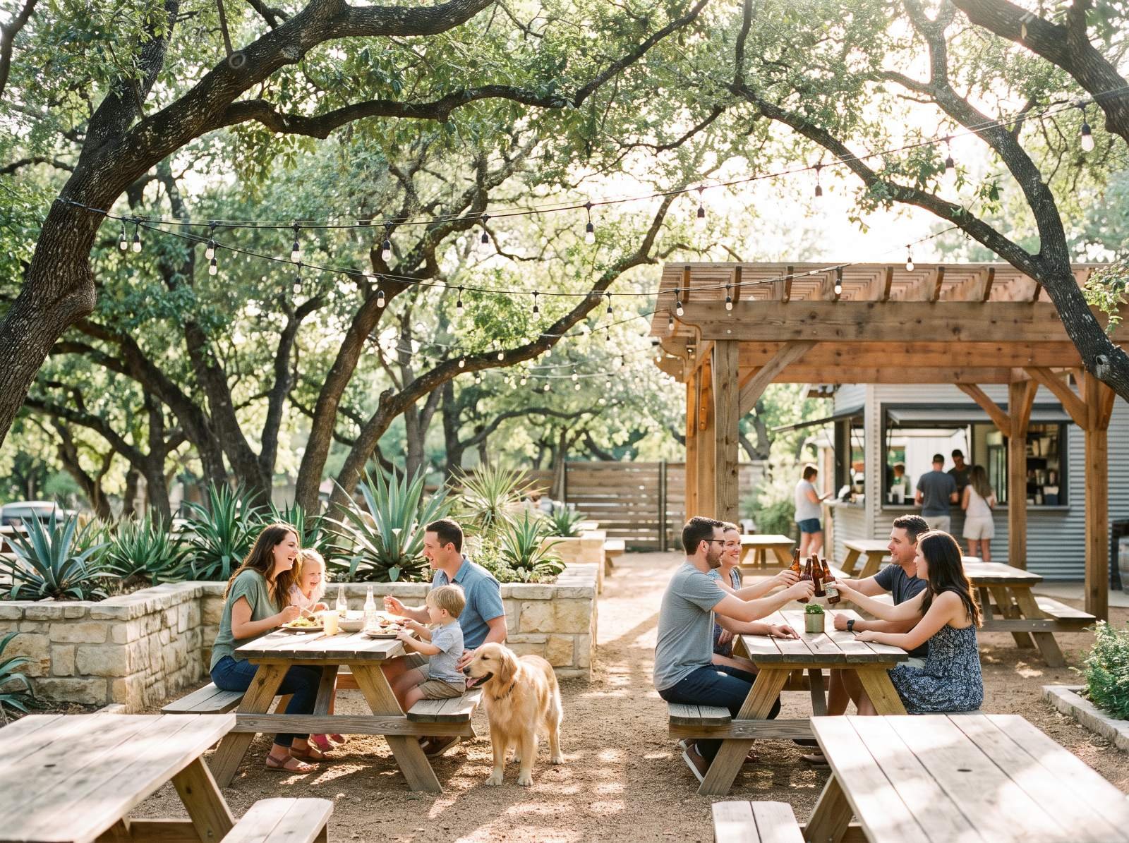 Families and friends at picnic tables under the live oaks on a sunny afternoon